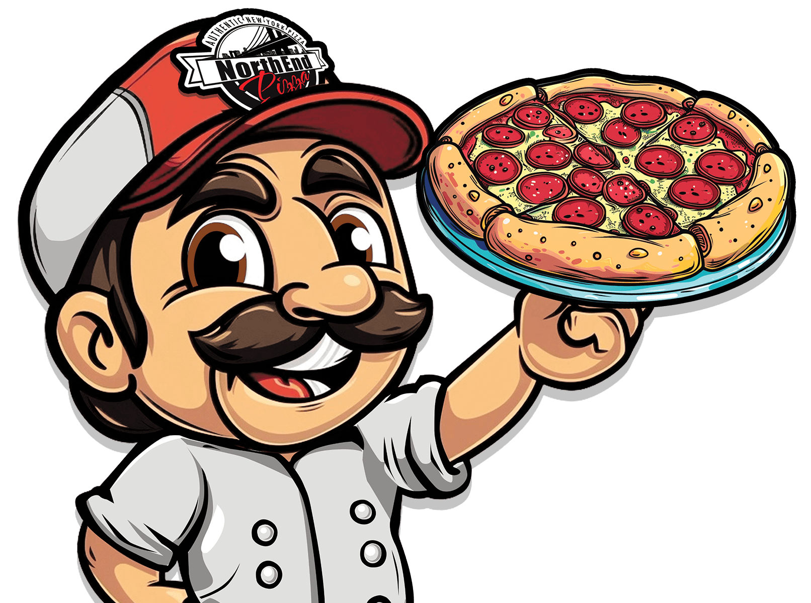 North End Pizza mascot holding a pizza with text Join the Team – Hiring now in Virginia Beach for cooks, delivery drivers, and restaurant staff