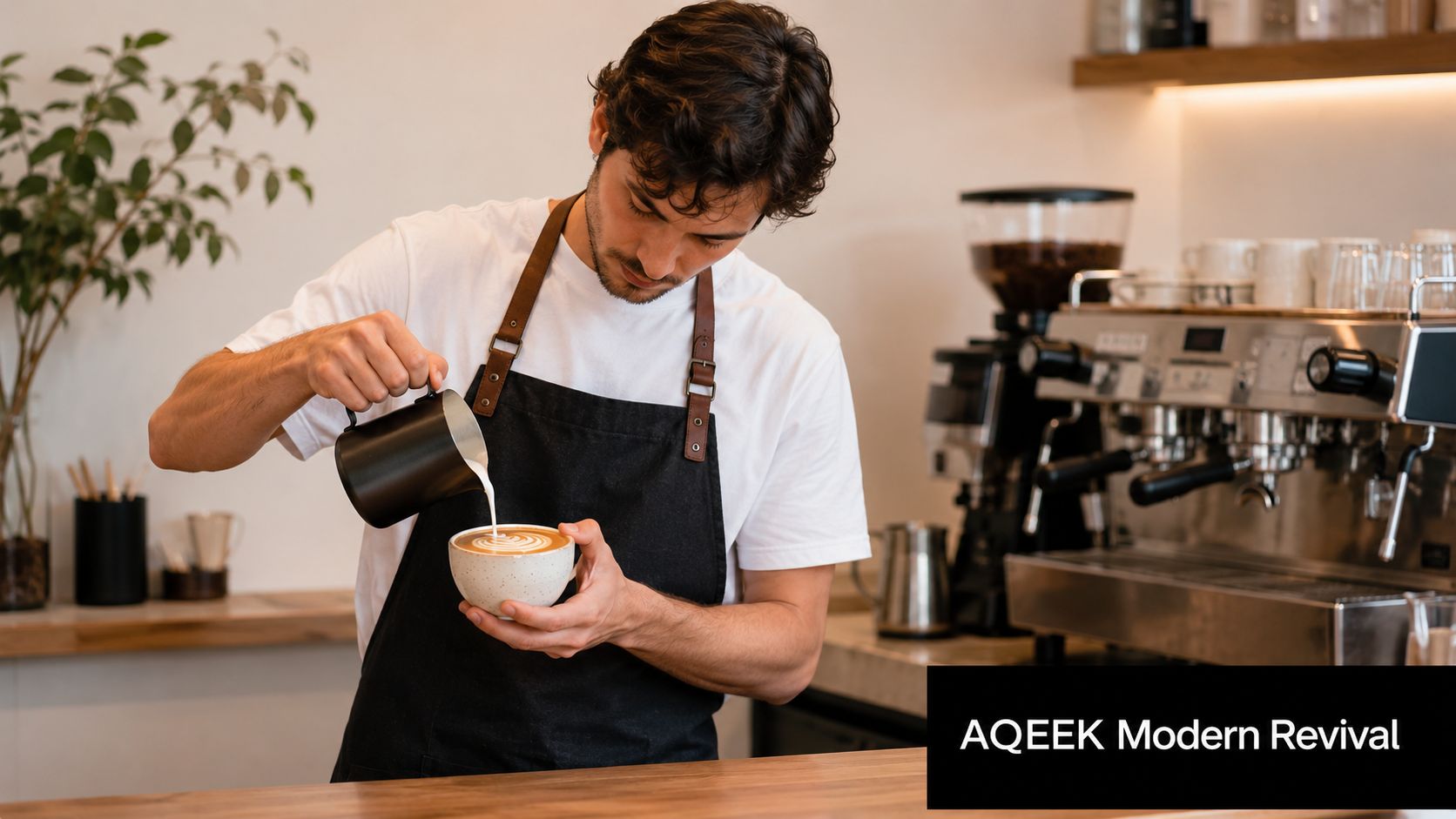 A professional barista wearing a black apron pours milk to create latte art in a coffee shop.