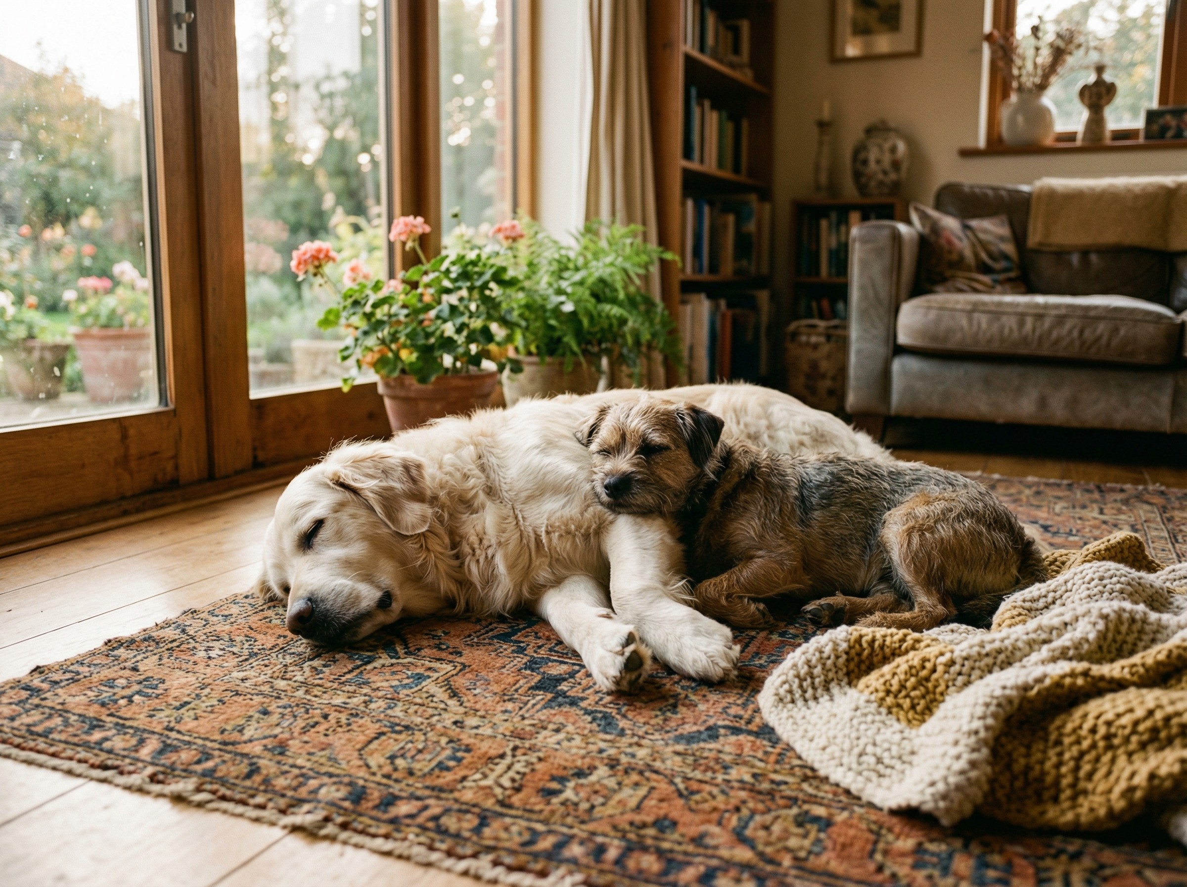 A Golden Retriever and a small terrier mix sleeping deeply and safely together on a vintage rug next to a Nuvorie chunky knit calming blanket in a peaceful sunlit room