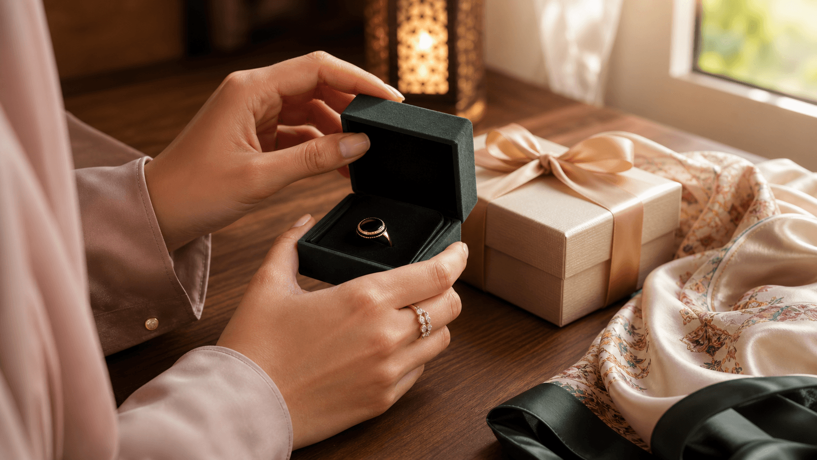 Eid al-Fitr gift ideas for her: a woman's hands opening a box with a refined smart dhikr ring