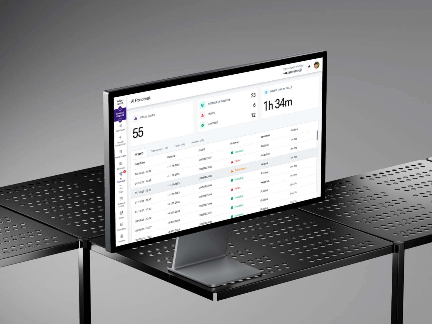 A sleek computer monitor displays a detailed dashboard interface with statistics and lists, set against a modern black perforated desk, emphasized by a minimalist gray background.