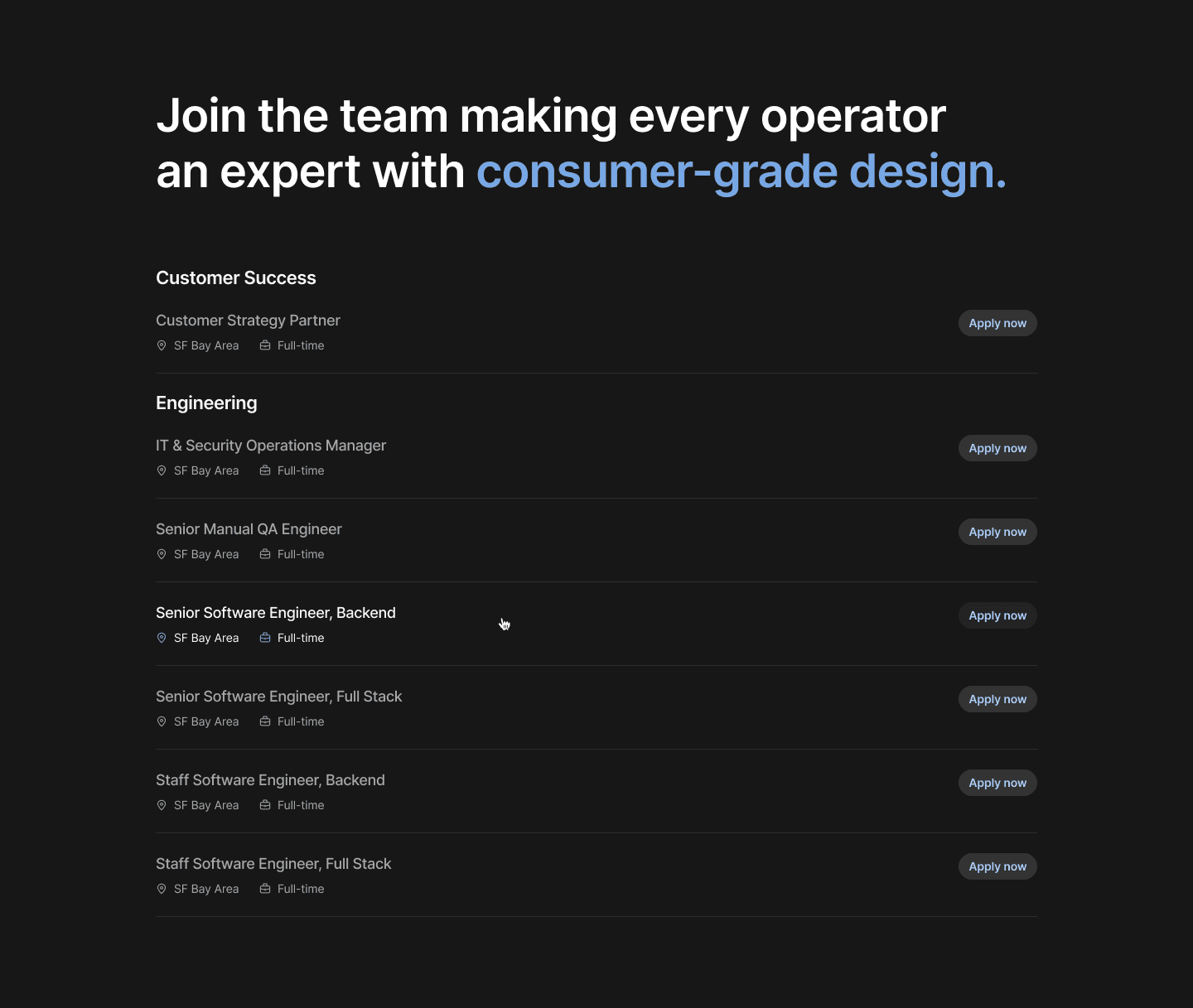 Join the team - Customer Success and Engineering job openings with consumer-grade design.