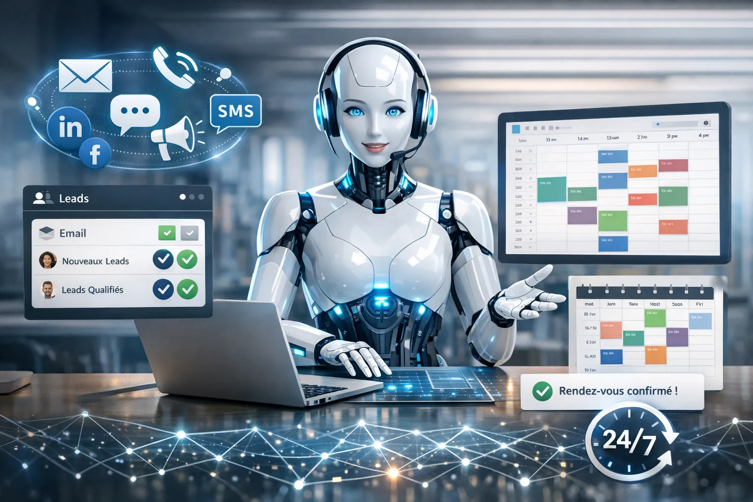 Un assistant IA orchestre la prospection sur plusieurs canaux, qualifie les leads entrants et sortants, puis réserve des rendez‑vous directement dans un calendrier connecté, l’ensemble fonctionnant en continu 24h/24 et 7j/7.