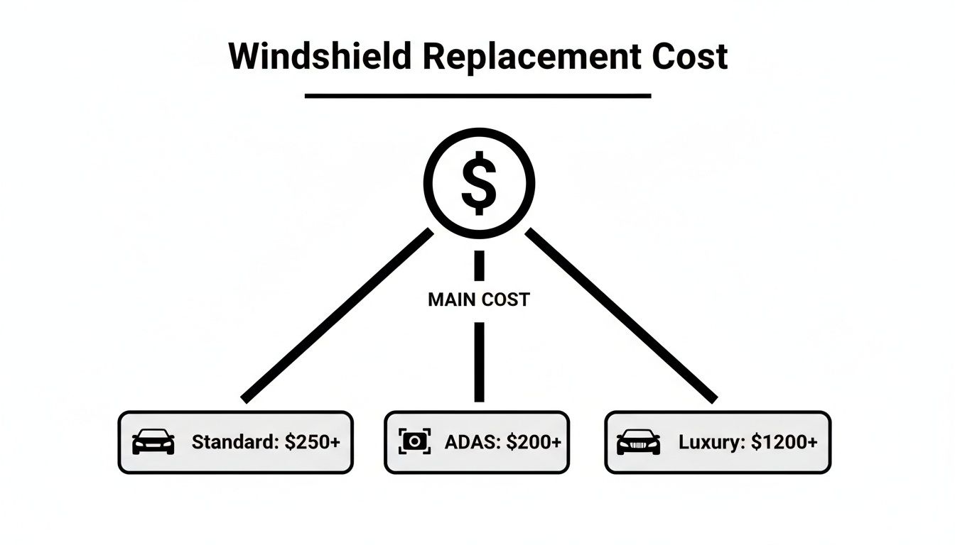 Infographic breaking down windshield replacement costs by vehicle type: standard, ADAS, and luxury.