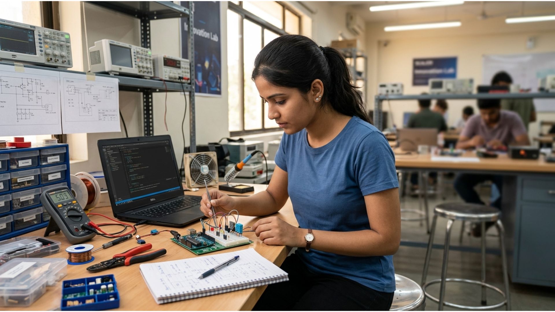 Student working on an electronics circuit in a lab while comparing cs vs electronics engineering
