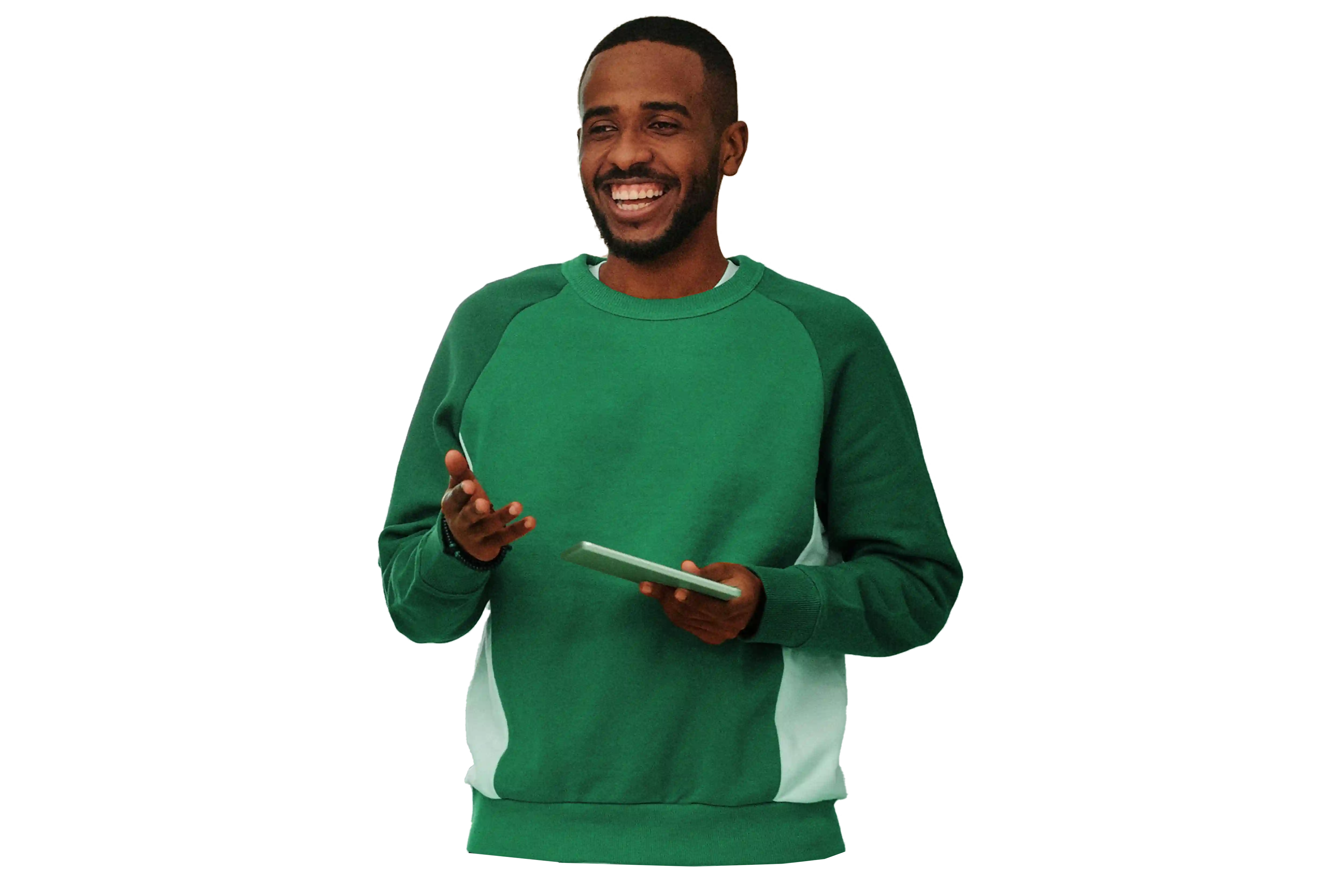 A person in a green sweater holds a digital tablet, smiling and gesturing with their other hand, against a plain background.