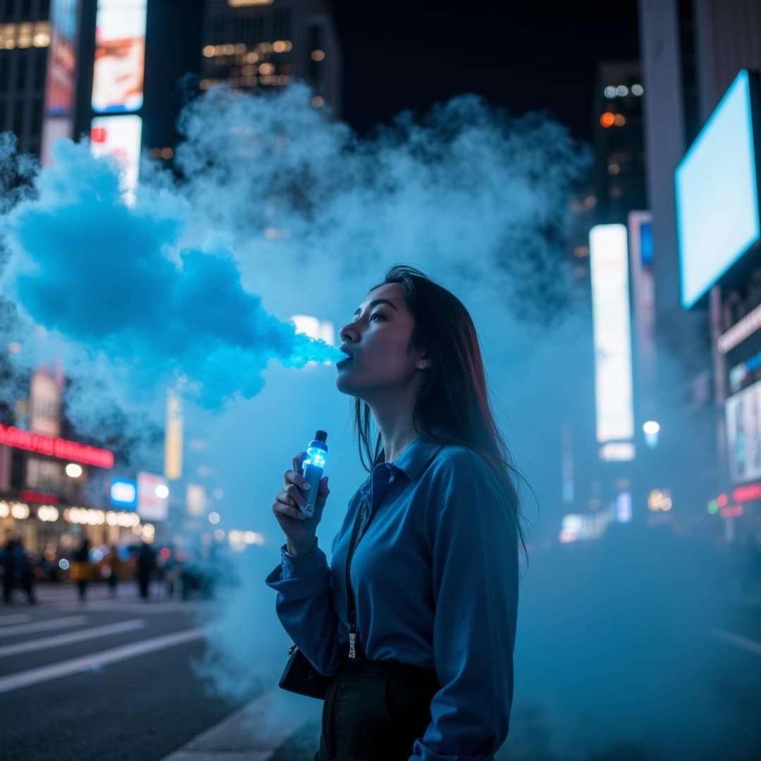 eine asisatische frau bläst rauch aus ihrem mund, sie steht auf einer straße