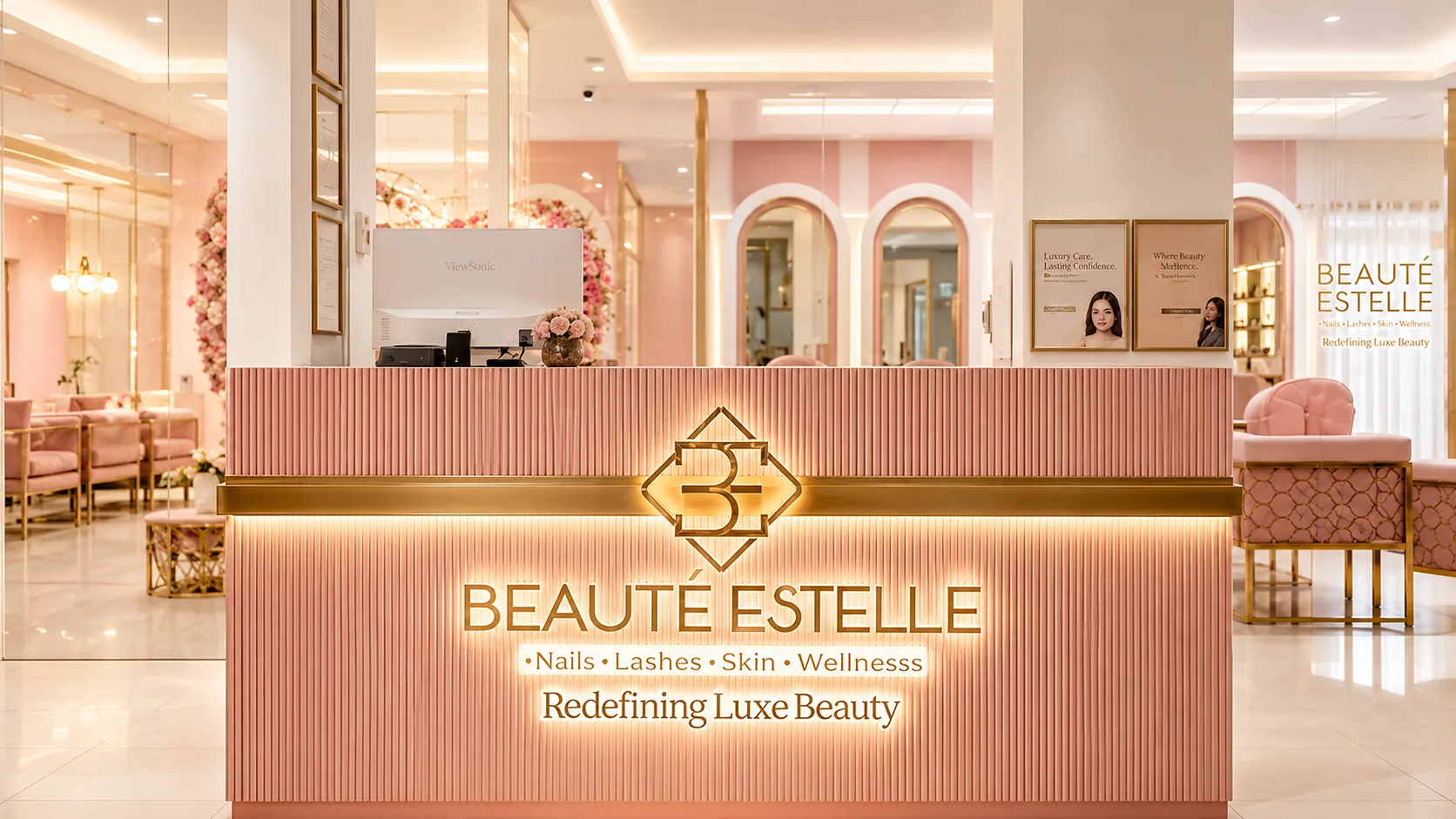 Beaute Estelle Aesthetic & Wellness Lounge interior — pink reception with gold Beaute Estelle logo, 5F Stalla Suites Events Place, Quezon City