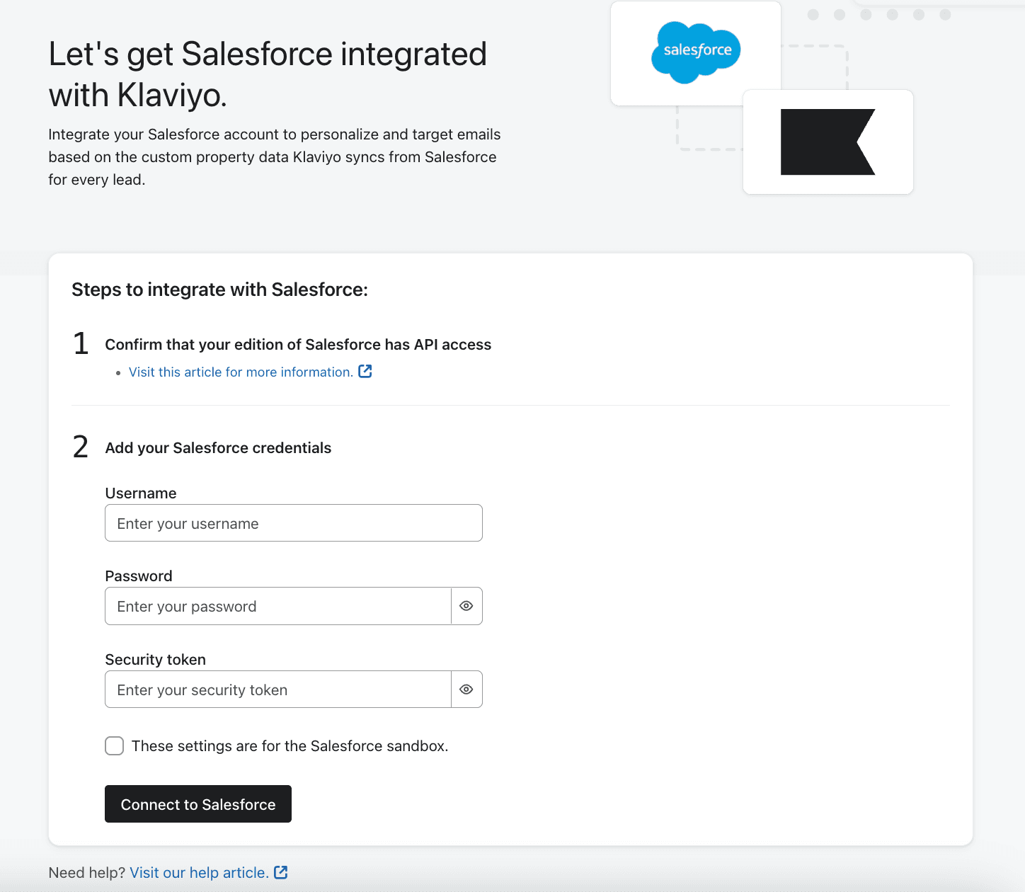 Screenshot of the Klaviyo integration setup page with Salesforce, showing steps to confirm API access and input Salesforce credentials, including username, password, and security token fields