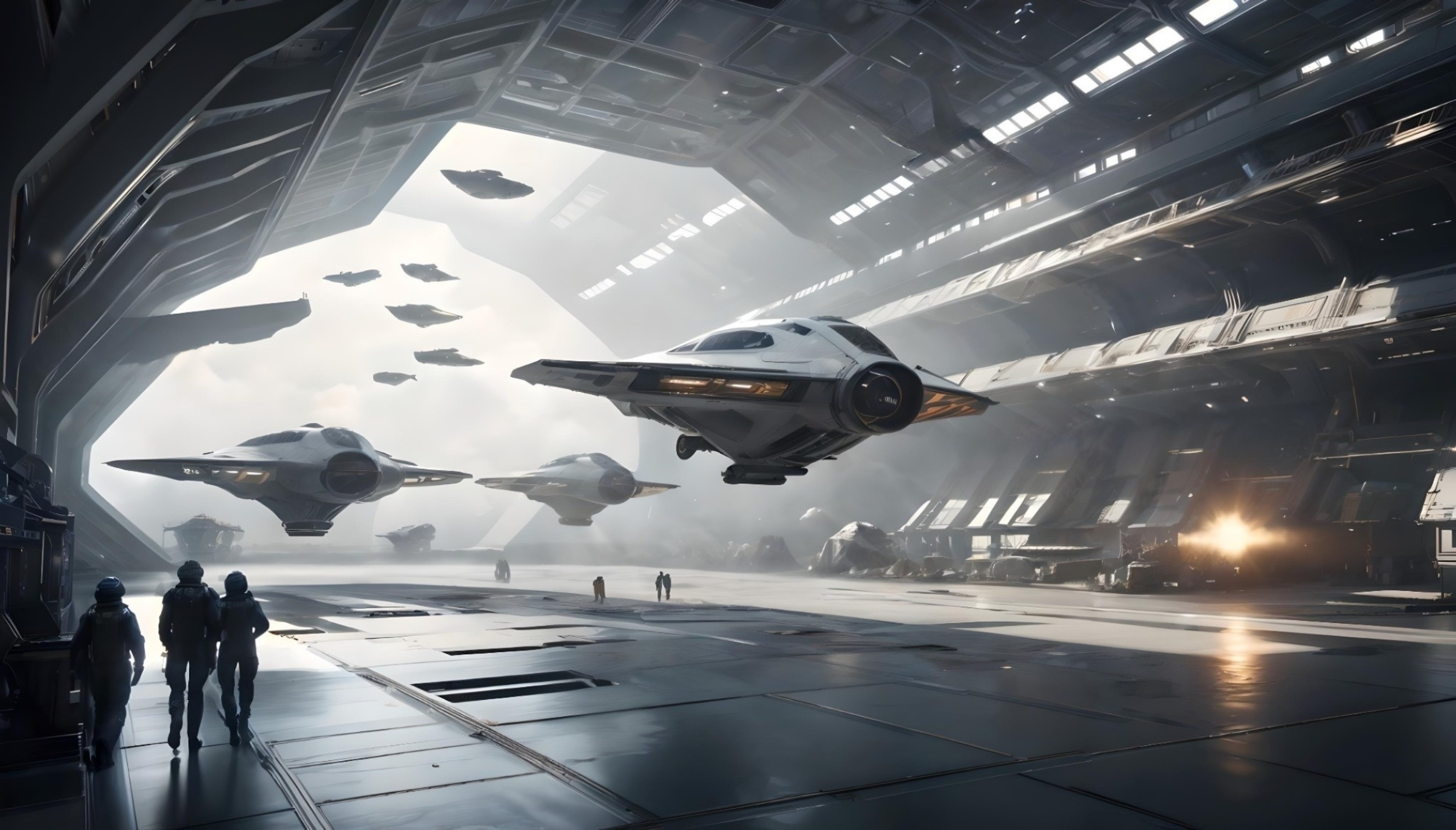 Interior view of futuristic sci-fi a large space station hangar bay, from which many smaller futuristic space craft are taking off through a large opening.