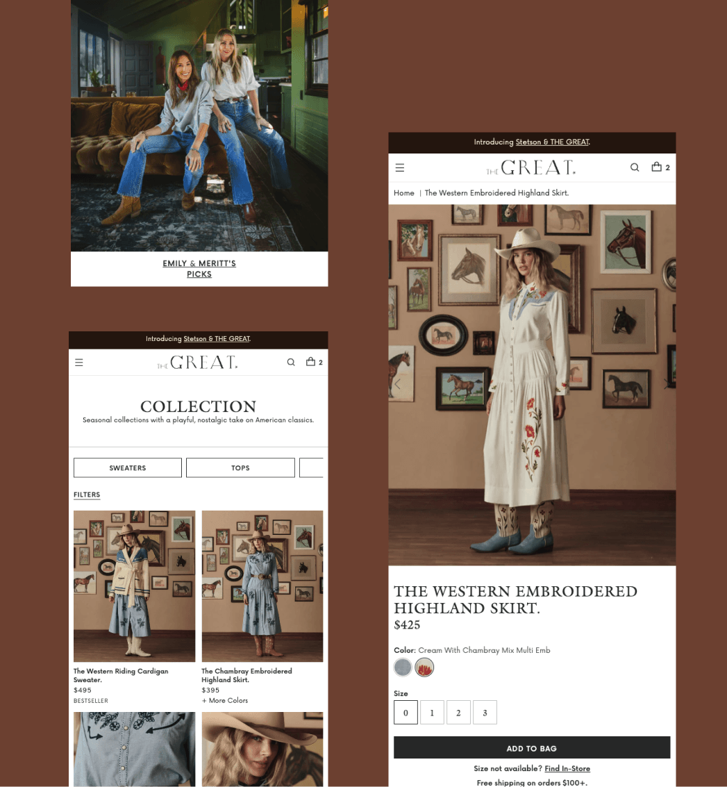 The GREAT. mobile storefront showcasing seasonal apparel collections