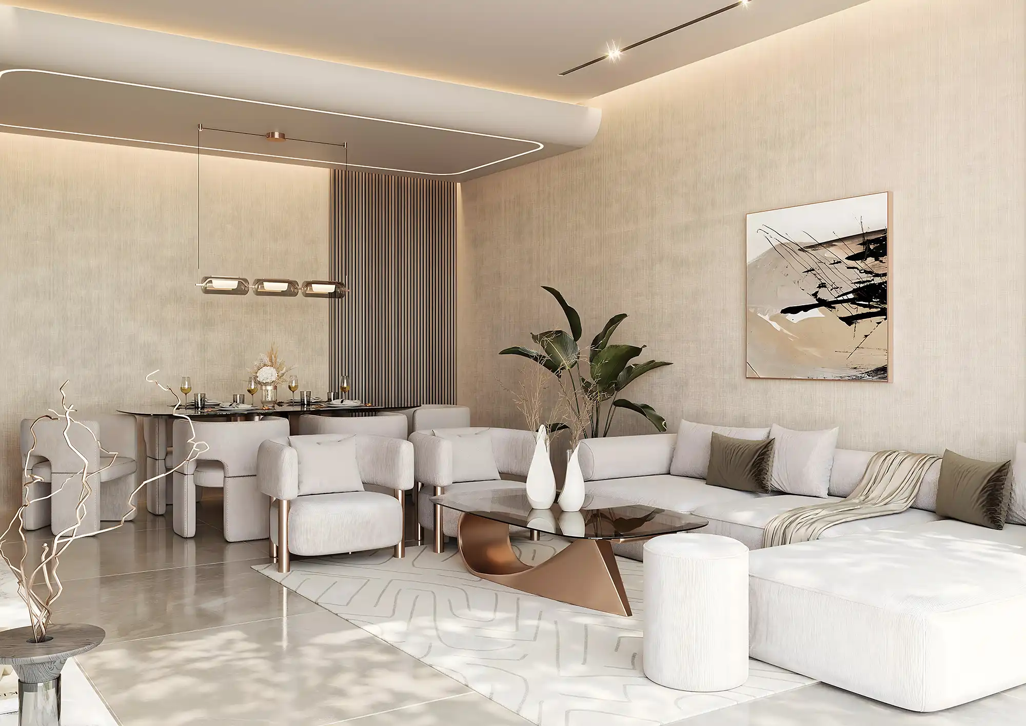 Elegant open-plan living and dining room at Orchid Tower with bespoke finishes and modern decor.