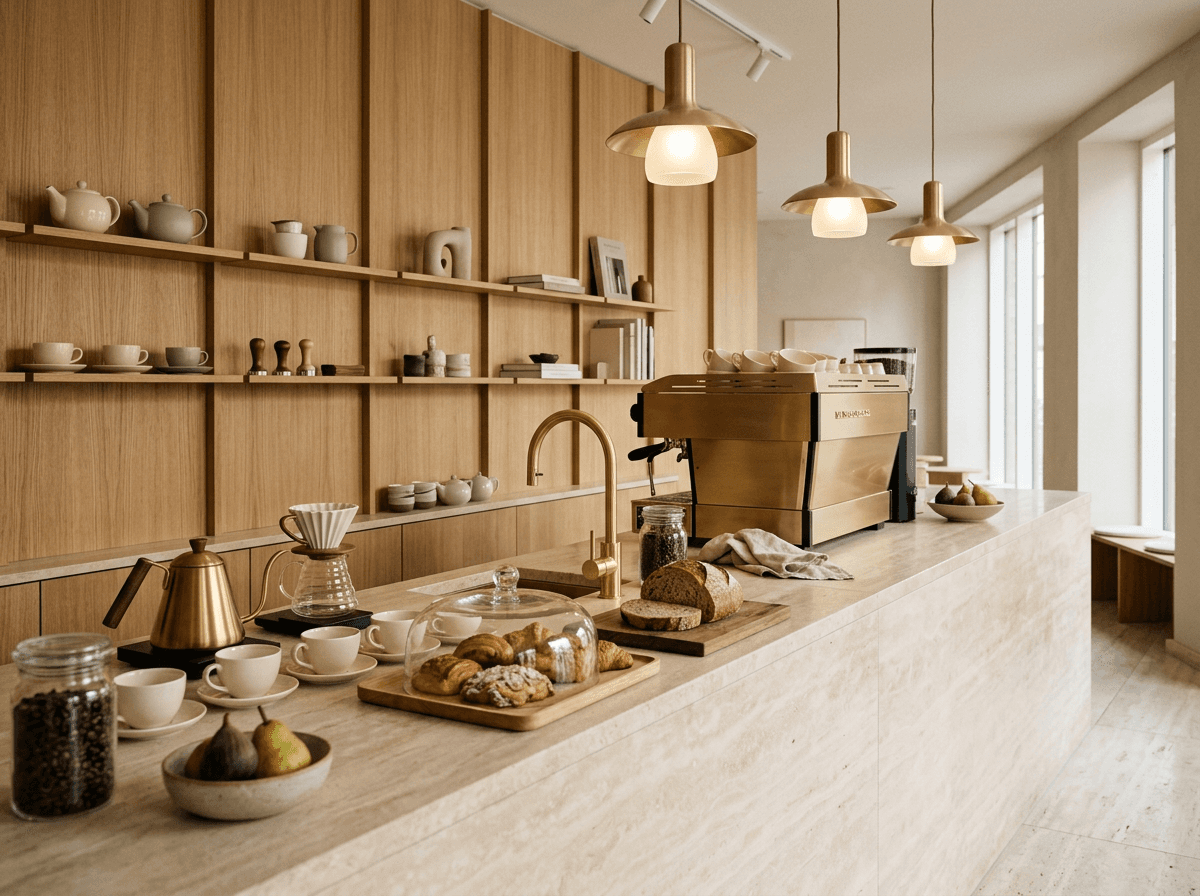 Café counter with travertine surface, brushed brass espresso machine, and warm pendant lights.
