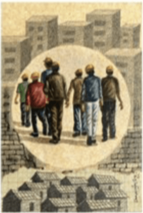 herd of sheep on road painting