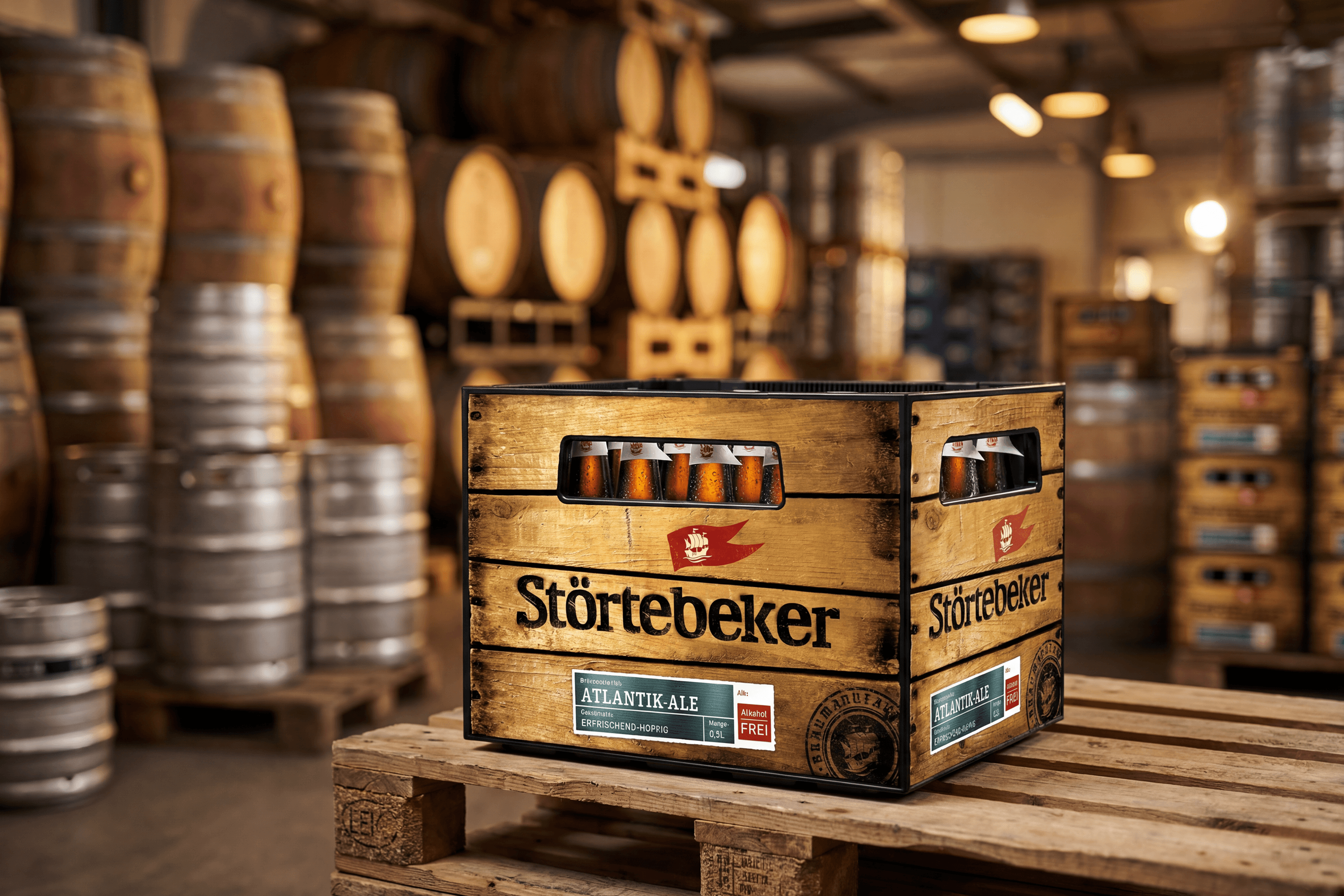 Störtebeker beer crate on pallet, brewery barrels in background
