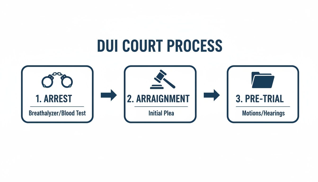 Infographic detailing the DUI court process, including arrest, arraignment, and pre-trial stages.