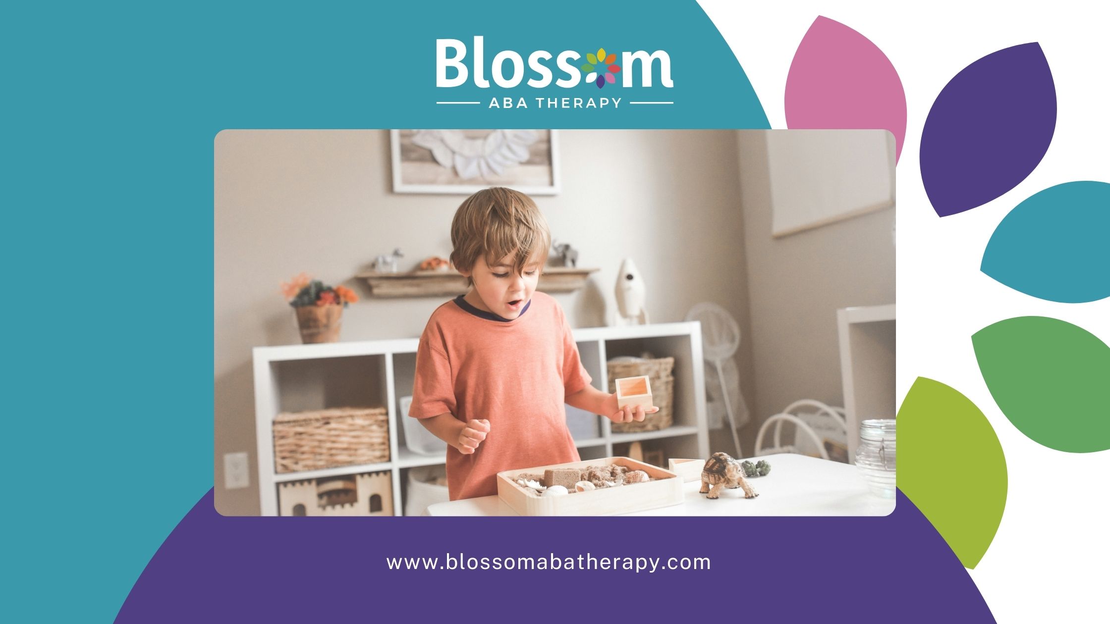 An autistic boy exploring sensory materials in a playroom with shelves during ABA Therapy in TN.