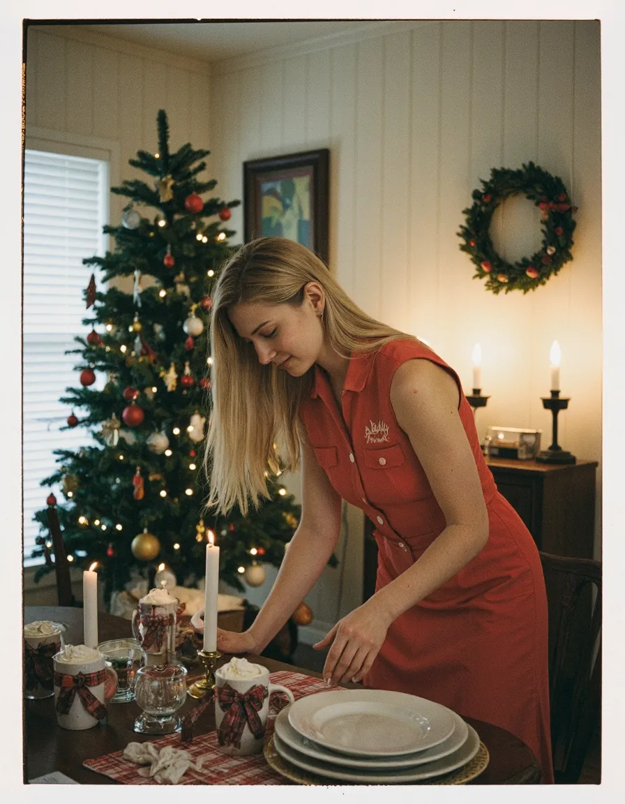 Woman in red dress setting festive Christmas table with decorated tree and wreath in cozy home interior