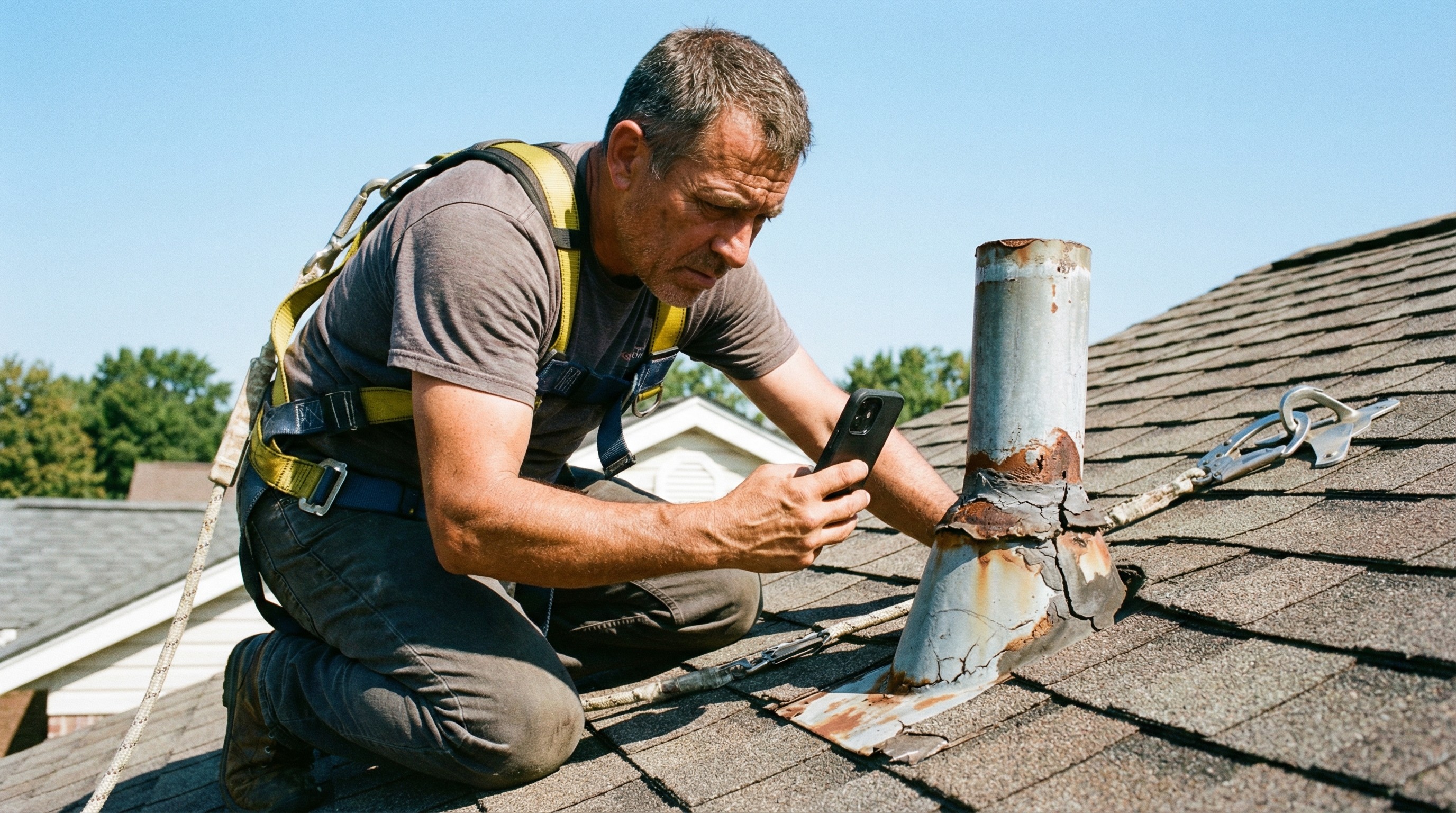 A professional roof inspector performing an attic check and using technology to document roof condition.