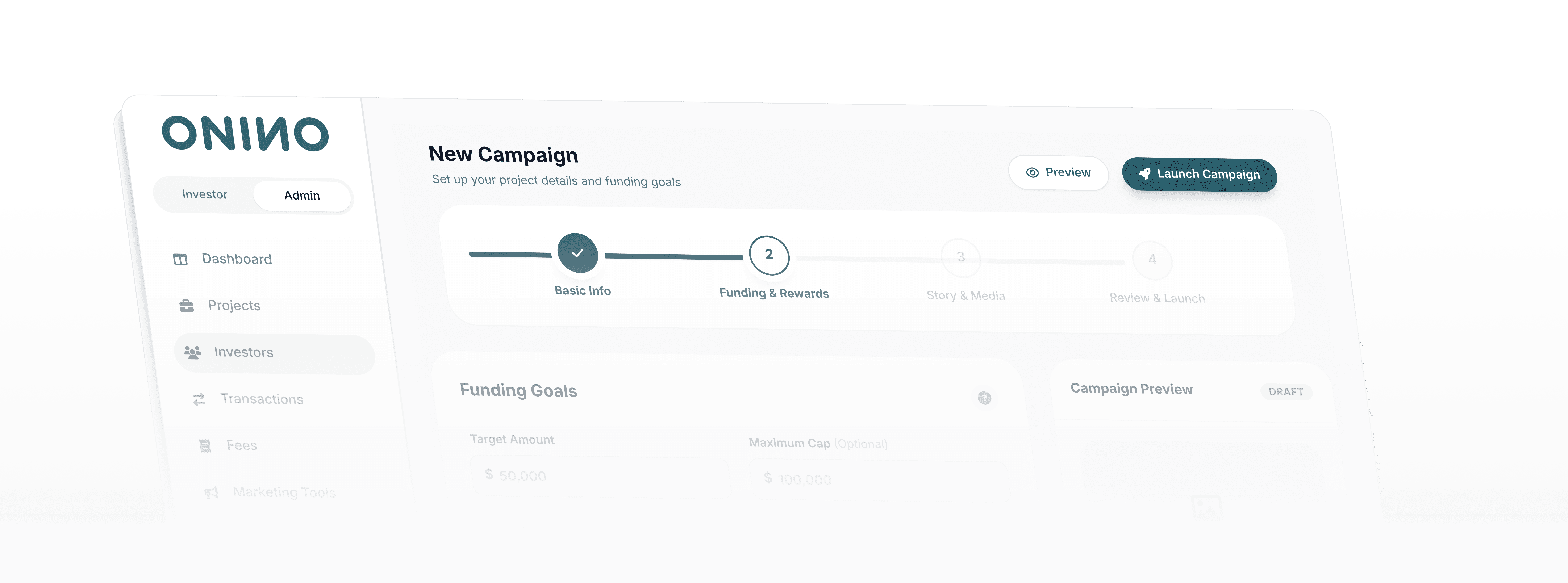 Campaign setup flow in the ONINO platform admin