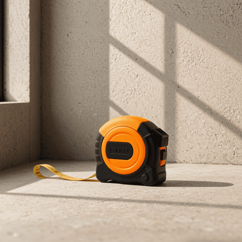 product photography of a measuring tape with a retractable mechanism, designed for construction and DIY use, featuring a bright orange and black color scheme