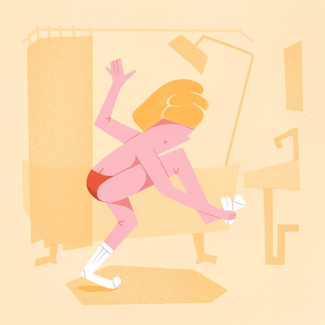 2d character illustration in a yellow bathroom