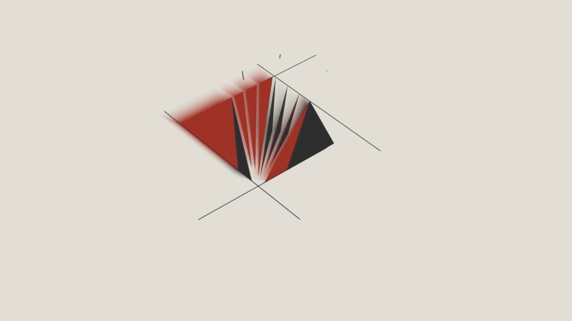 Minimalist motion design blueprint for the Menar corporate logo featuring sharp red and dark grey geometric triangles intersecting with black technical vector lines on a clean cream background.
