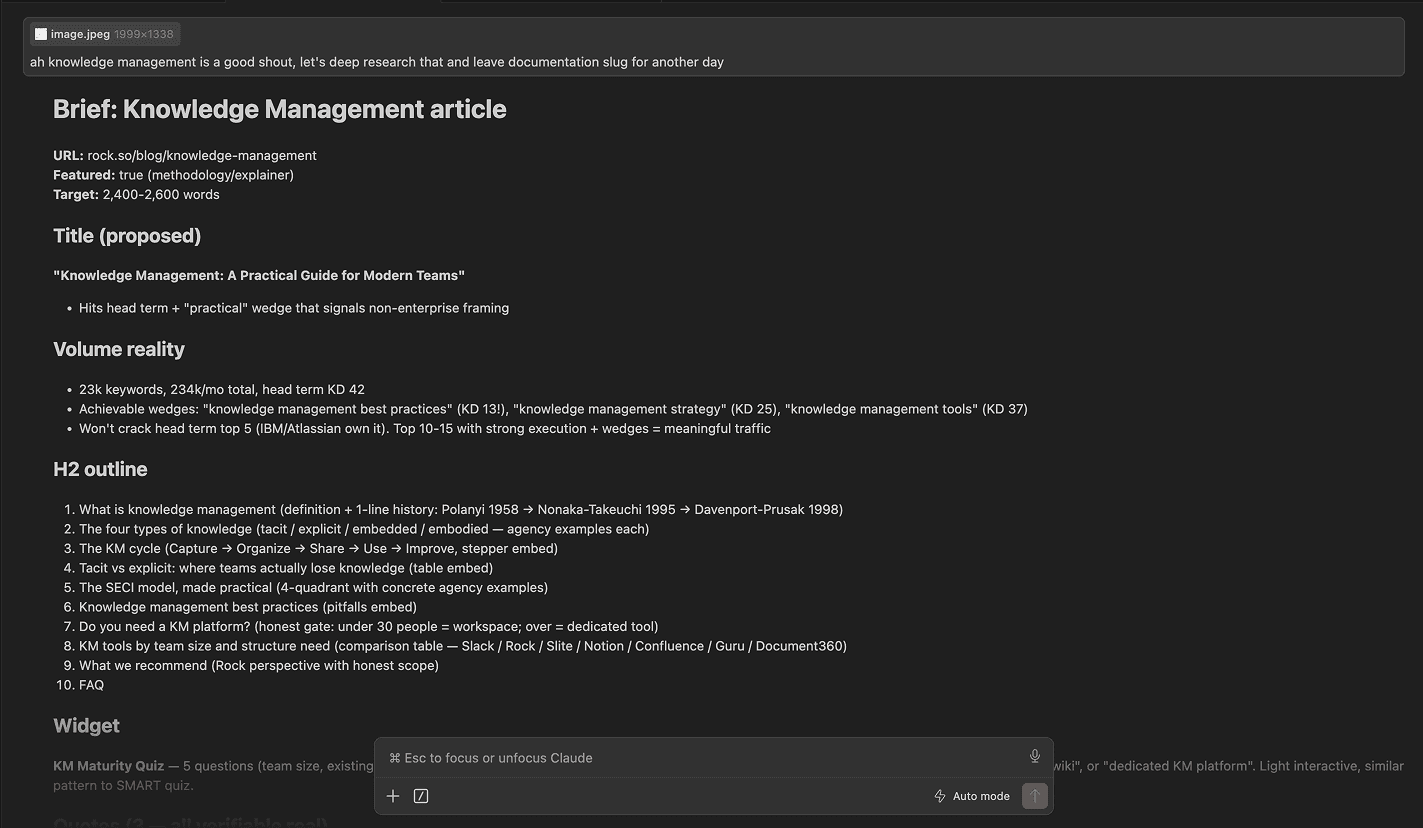 Preview of a generated brief inside Claude: title, keyword set, H2 outline, widget plan, lint constraints.