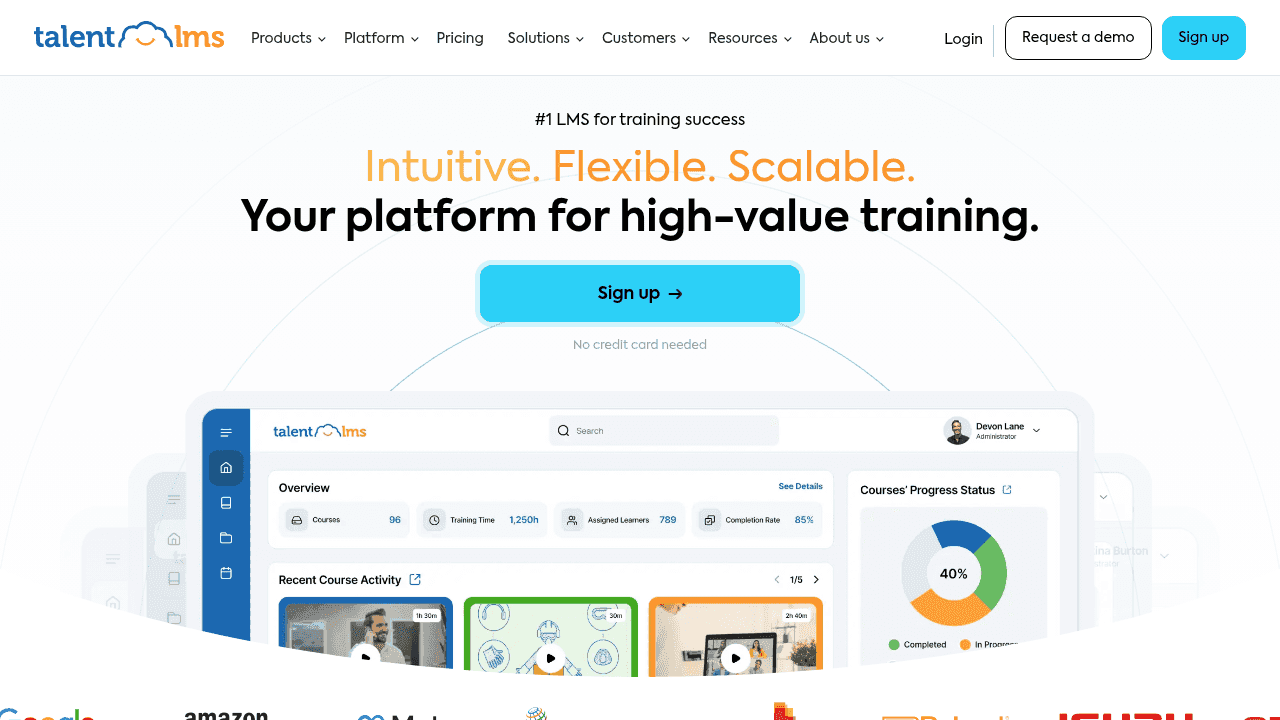 TalentLMS homepage screenshot showing learning management system interface with training tracking dashboard and features