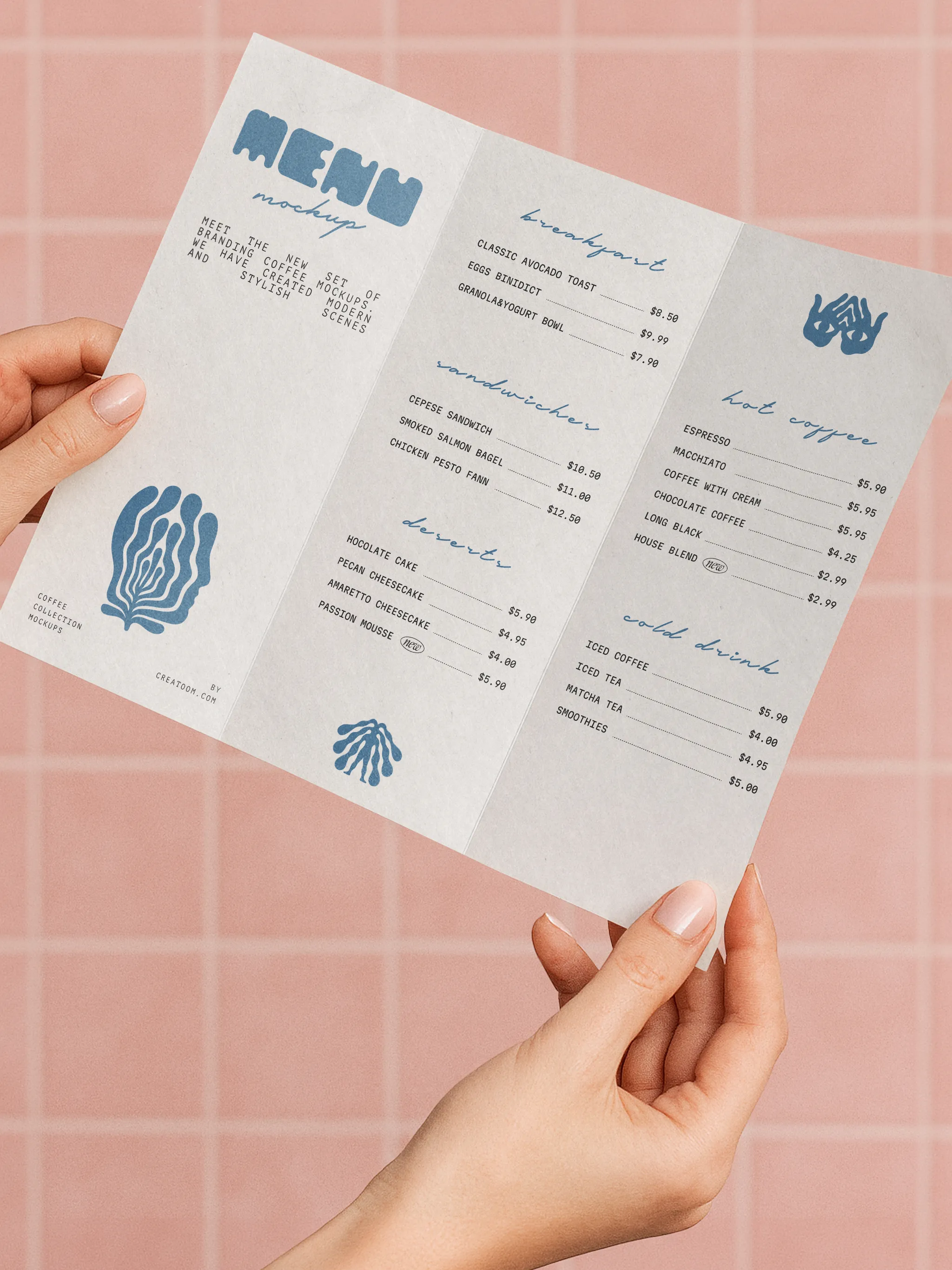 Branded menu sheet held open against pink tiled wall