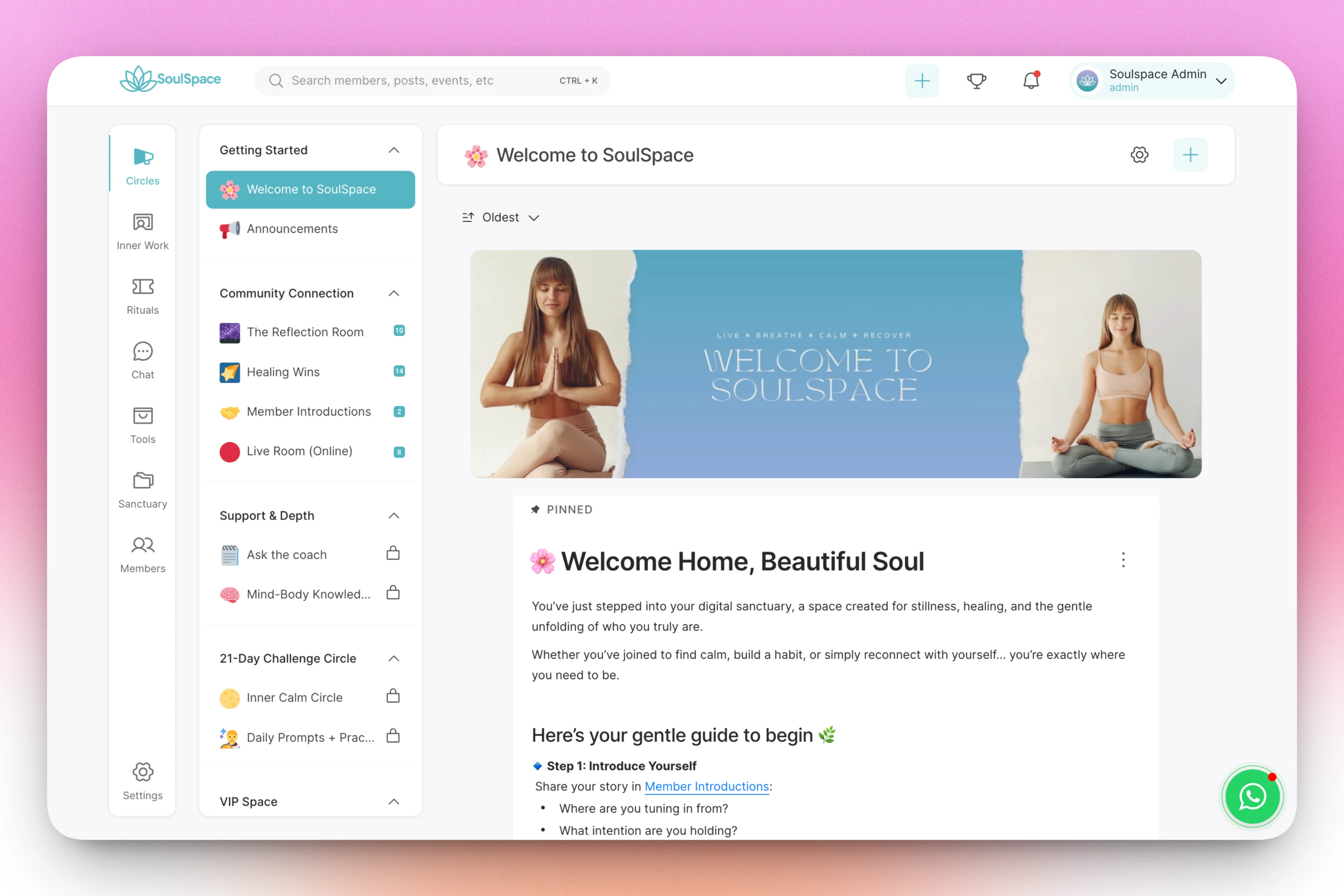 A demo coaching community showing a forum with topic-based spaces, a navigation sidebar, and a pinned welcome post guiding new members inside a branded community platform.
