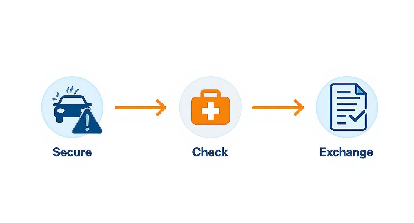 A three-step process for handling car accidents: secure the scene, check injuries, and exchange information.