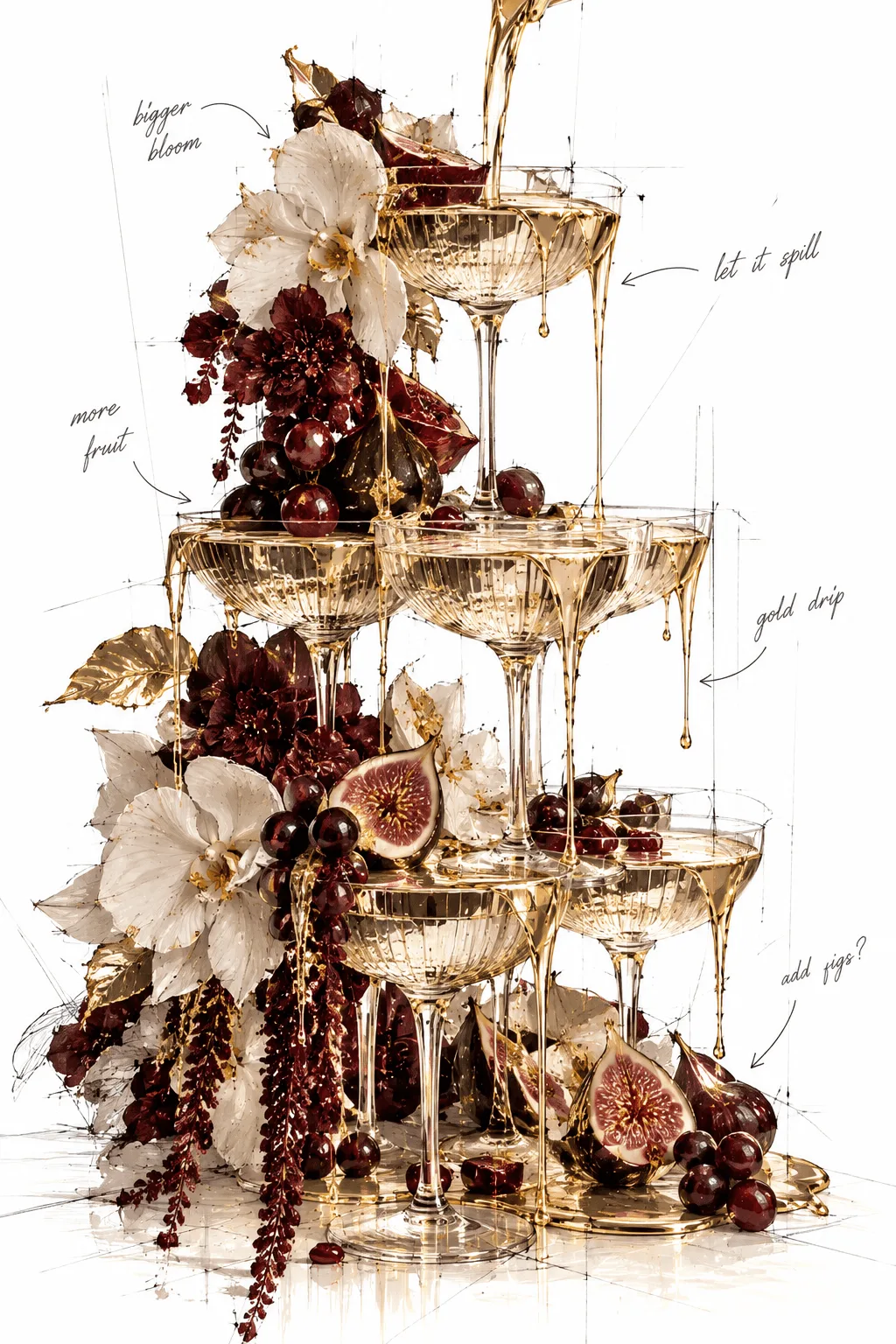 Champagne tower styled with burgundy florals, figs and gold drips
