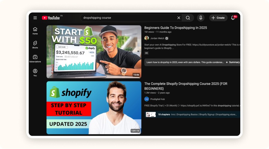 dropshipping course search on youtube