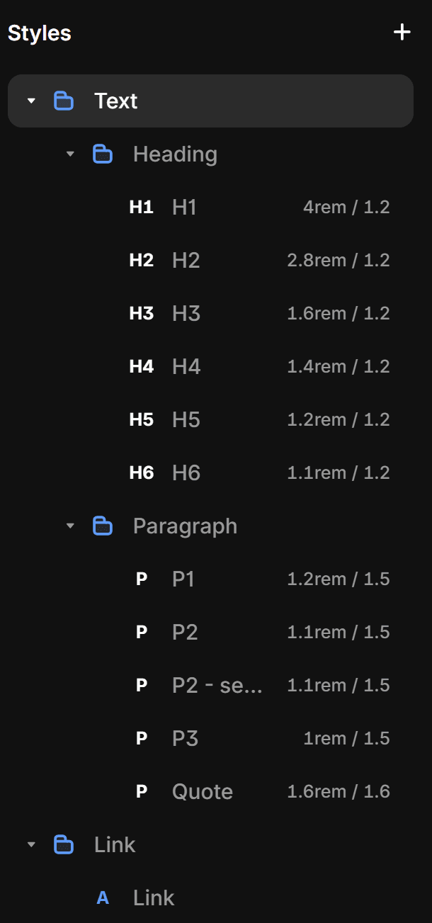 Screenshot of in Framer defined text styles