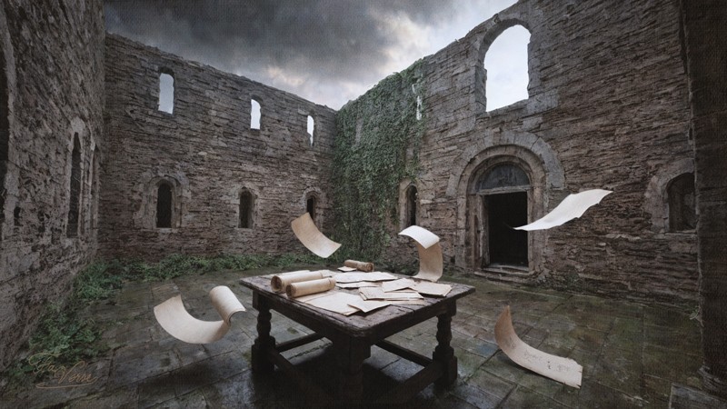 Sacred artwork by Faith and Verse. © Faith and Verse, 2025. All rights reserved. Ruined Romanesque stone interior evoking a 12th-century ecclesiastical hall at Antwerp—thick masonry walls with narrow arched windows enclosing a wooden table strewn with parchment leaves caught in midair, suggesting doctrinal dispute, contested teaching, and the turbulence surrounding Saint Norbert’s defense of the Eucharist amid sacramental conflict in Central Europe (in what is now Belgium).