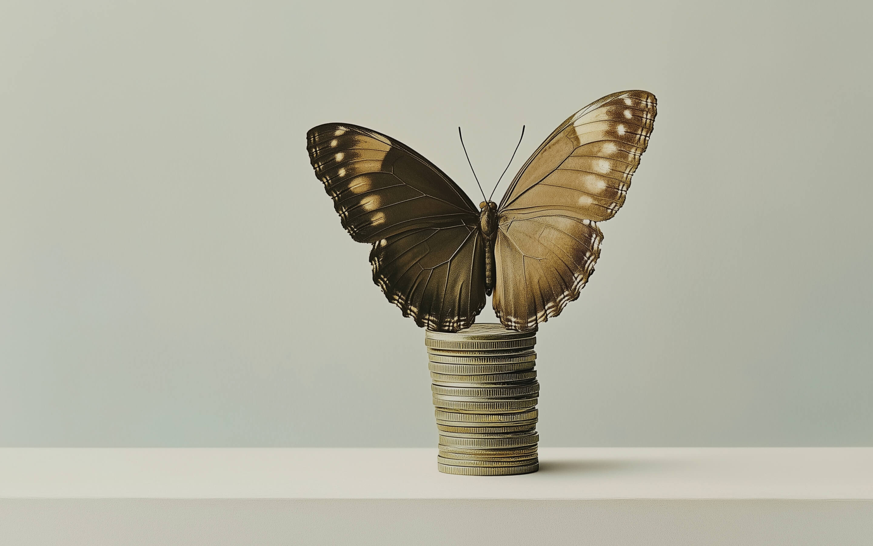 Butterfly sitting on top of a stack of coins