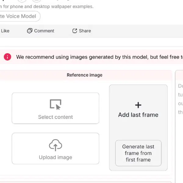 Espace de travail APOB AI Image en vidéo avec sélection de la première image, dernière image en option, description du mouvement et commandes d'ajout de prise de vue