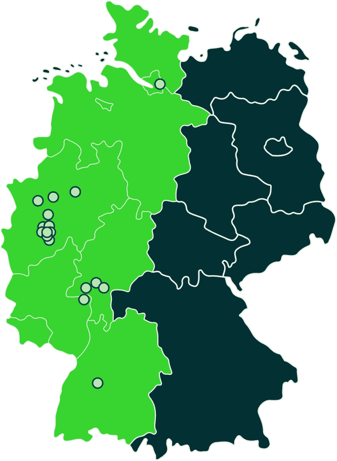 Deutschlandkarte mit markierten XTRAFIT Standorten im westlichen Teil des Landes.