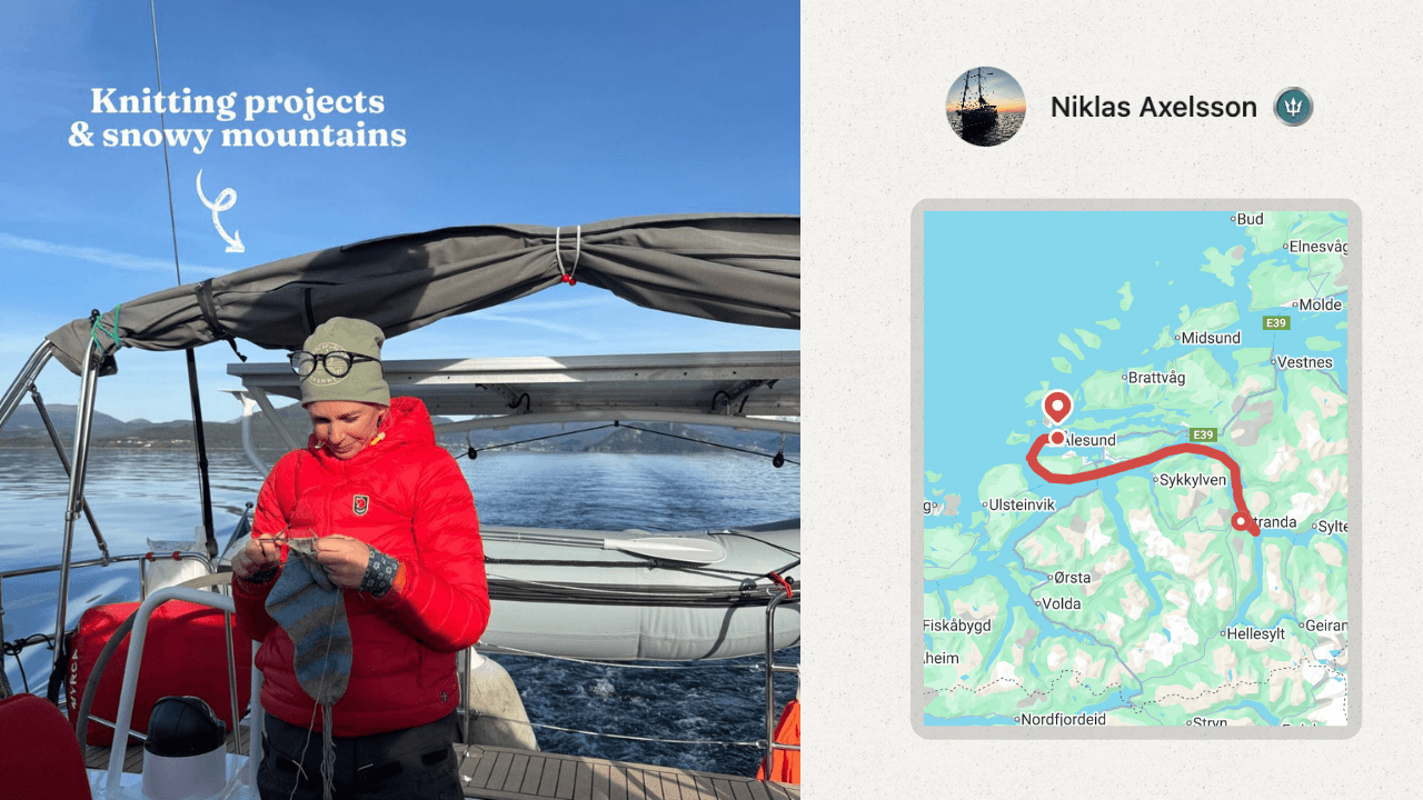 A woman knitting on a sailboat in the fjords