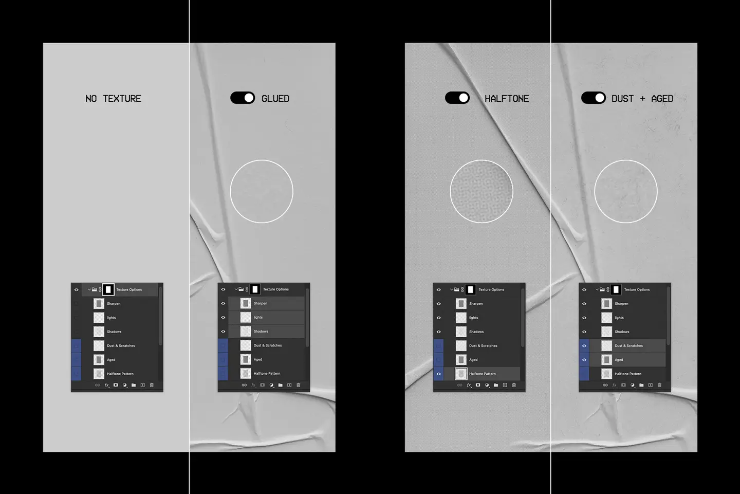 Glued A2 Poster Mockup demonstration showing toggles for halftone patterns and dust and aged textures