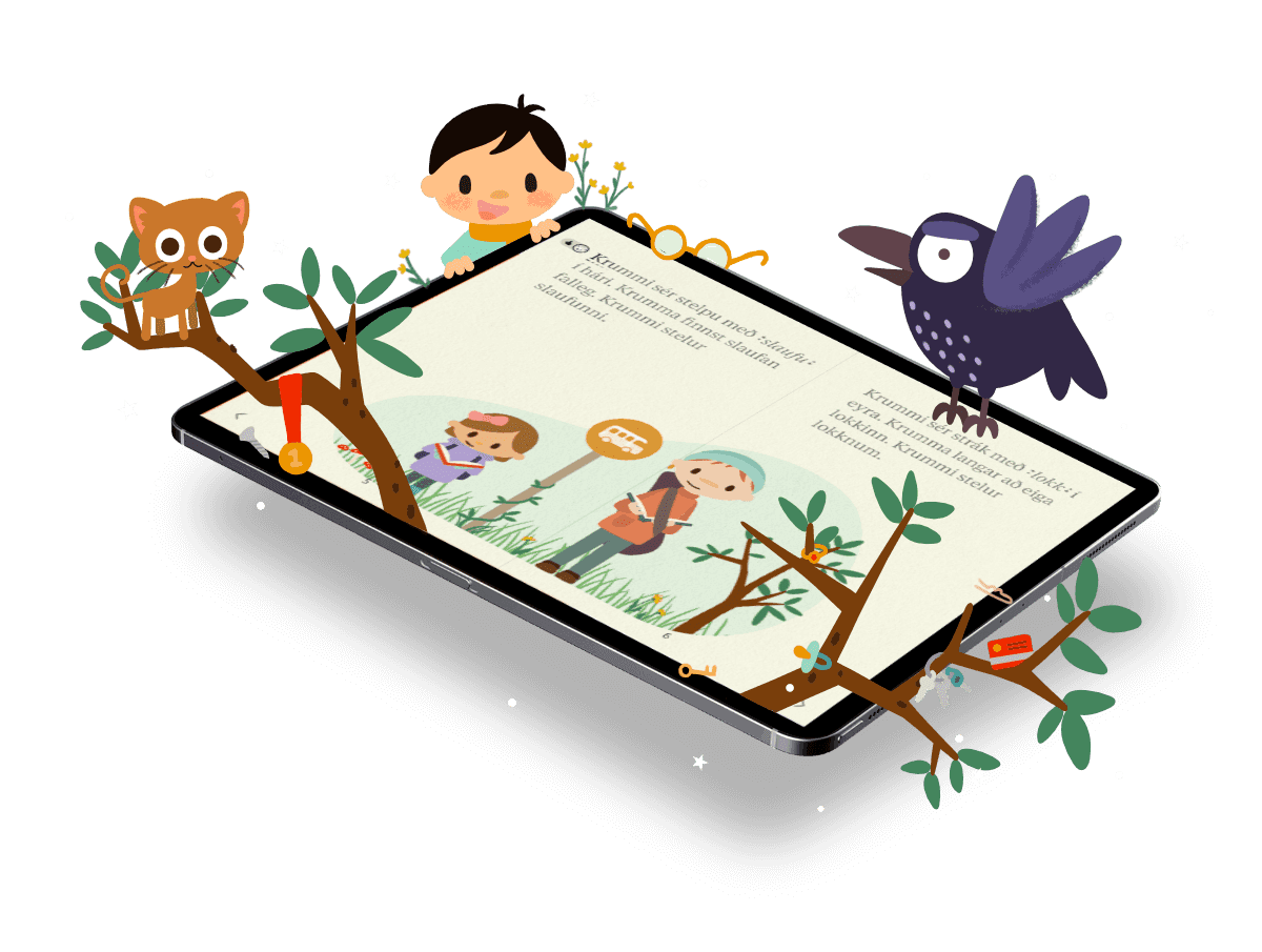 Mynd sýnir hvernig persónur úr bókinni Krummi Steliþjófur lifna við í appinu þegar verið er að lesa.