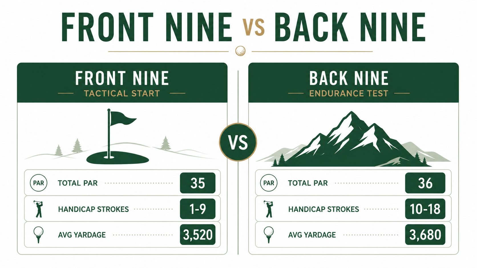 A comparison infographic between the front nine and back nine sections of a golf course scorecard.