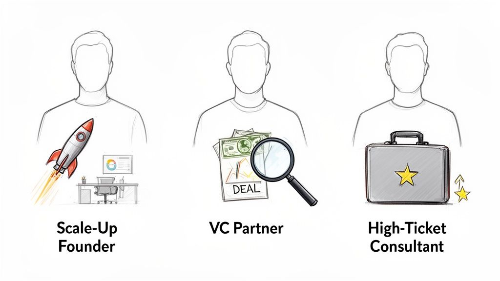 Illustrative sketches of Scale-Up Founder, VC Partner, and High-Ticket Consultant with symbolic icons.