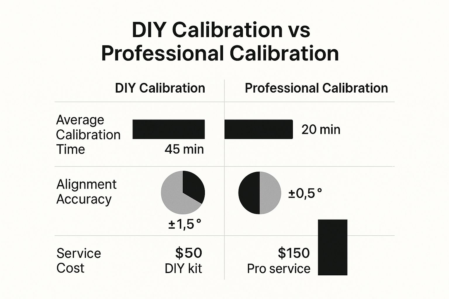 Infographic comparing DIY vs Professional ADAS calibration on time, accuracy, and cost.