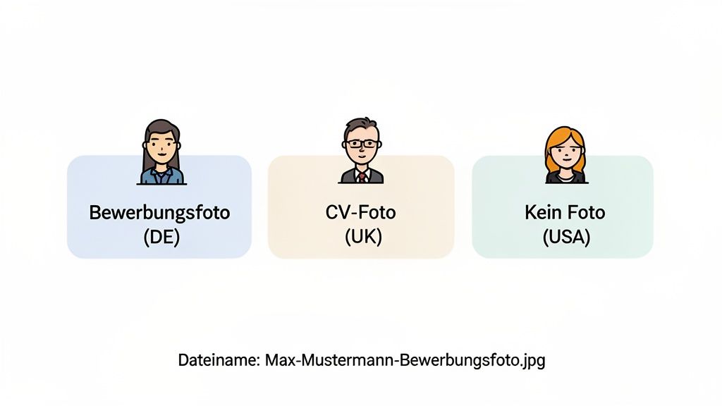 Drei Illustrationen zeigen Bewerbungsfoto (DE), CV-Foto (UK) und Kein Foto (USA) für internationale Bewerbungen, mit Beispiel-Dateiname.