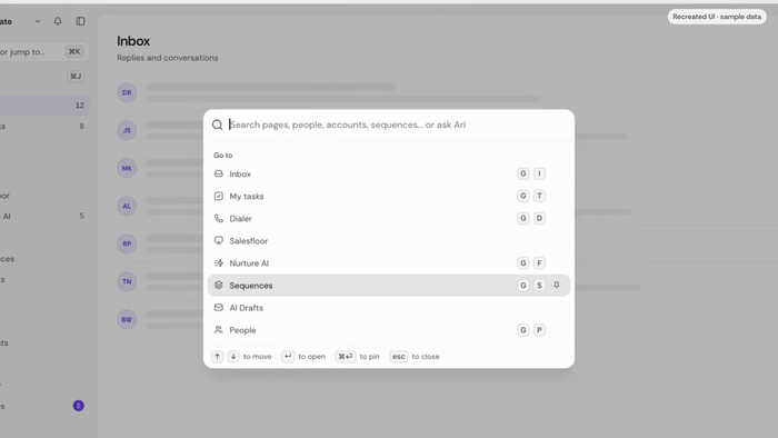 Typing a name into Cmd+K search in the new Salesfinity sidebar and opening that person's record