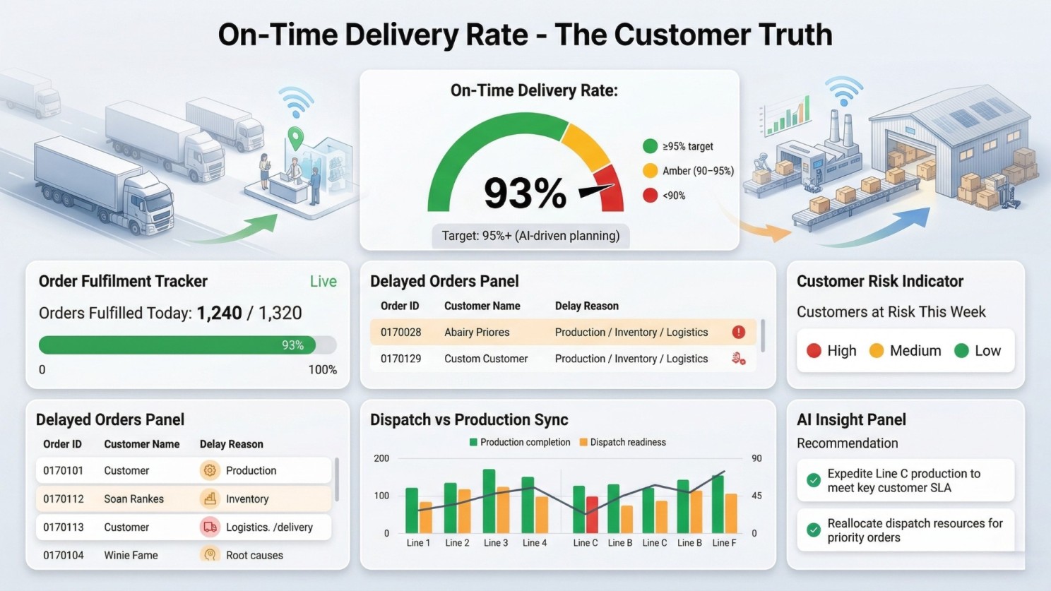 AI-powered manufacturing dashboard showing on-time delivery rate at 93% with order fulfilment tracker, delayed orders panel, customer risk indicator, and dispatch vs production sync analytics.