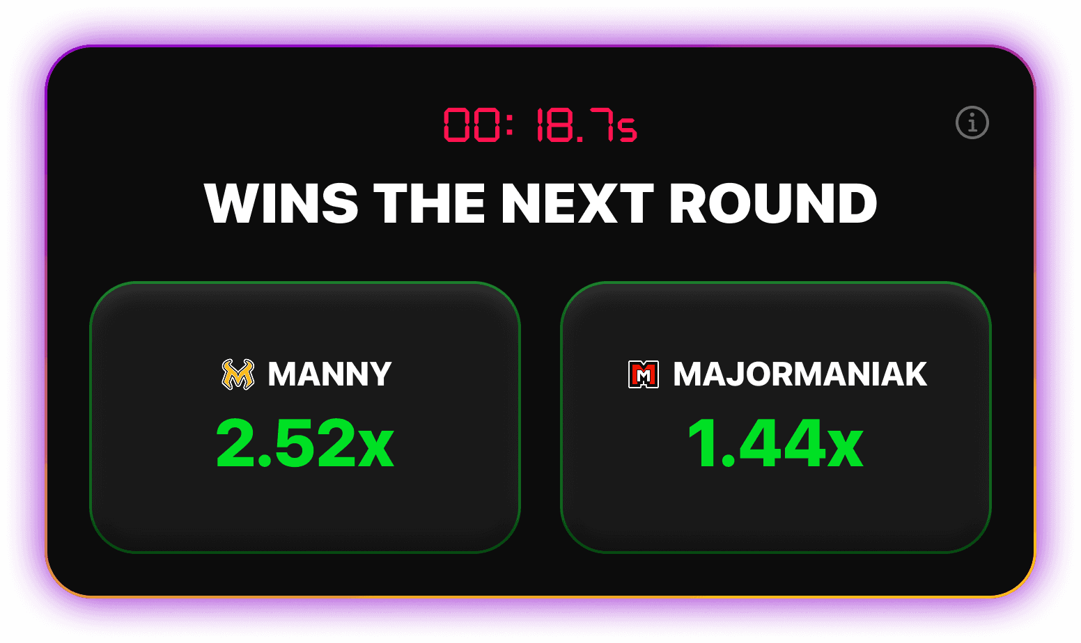 1v1Me Call of Duty live in-game staking interface showing round winner market with real-time multiplier odds