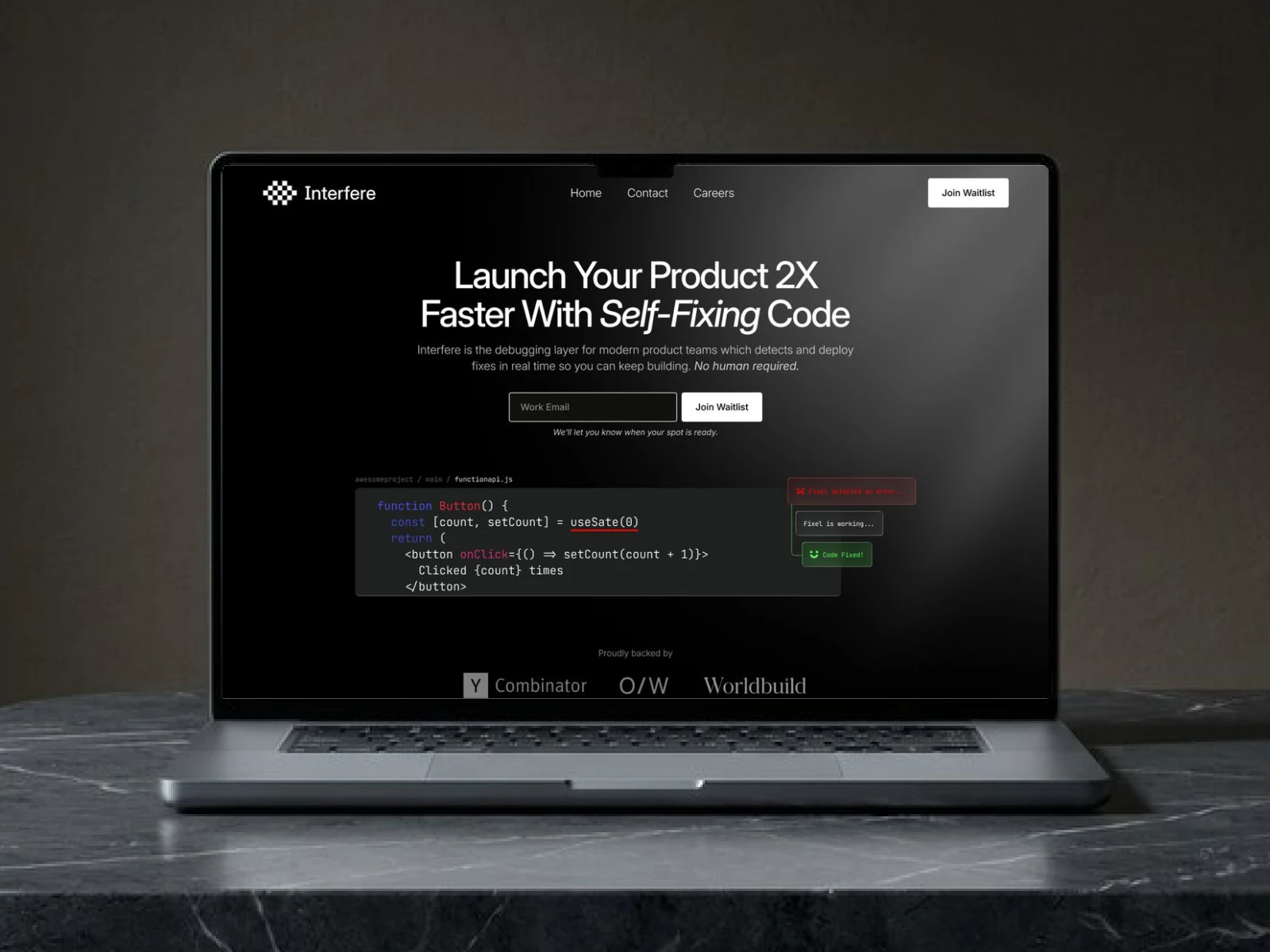 Interfere.com website with code debugging display
